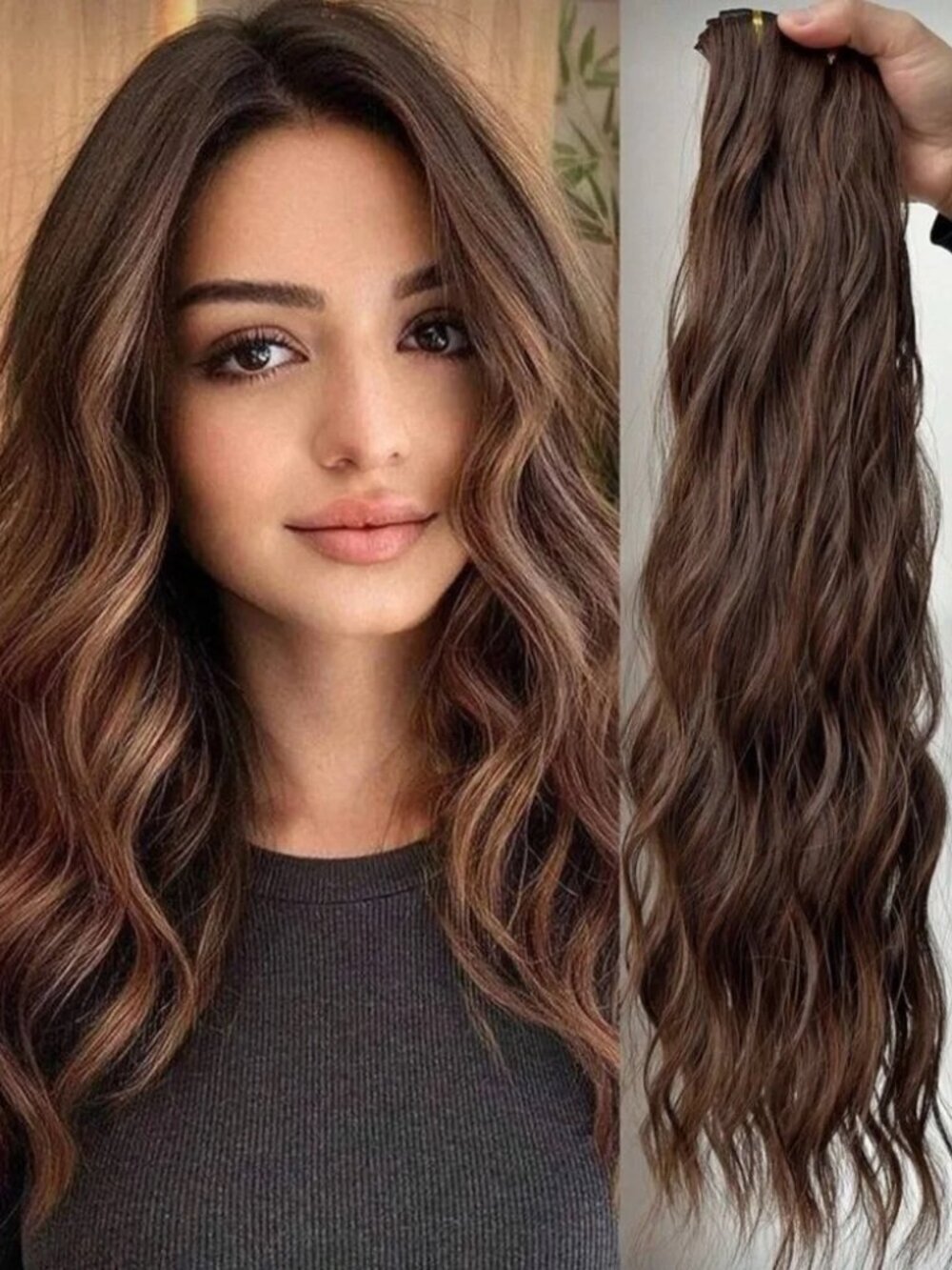 Brown & Copper Water wave  Clip in Hair Extensions - Human hair Blend Set